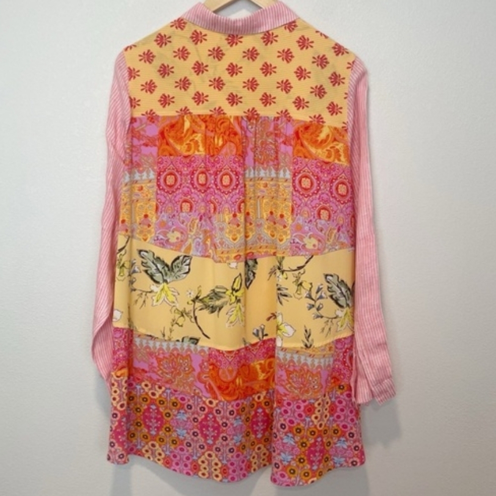 Soft Surroundings Pink and Yellow Patchwork Eden Island Linen Top - Picture 4 of 12